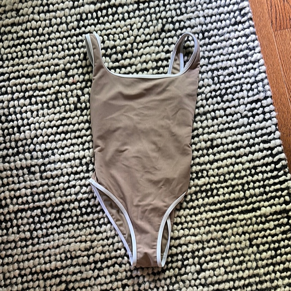 LainSnow Women's One Piece Swimsuit - Tan with White Trim